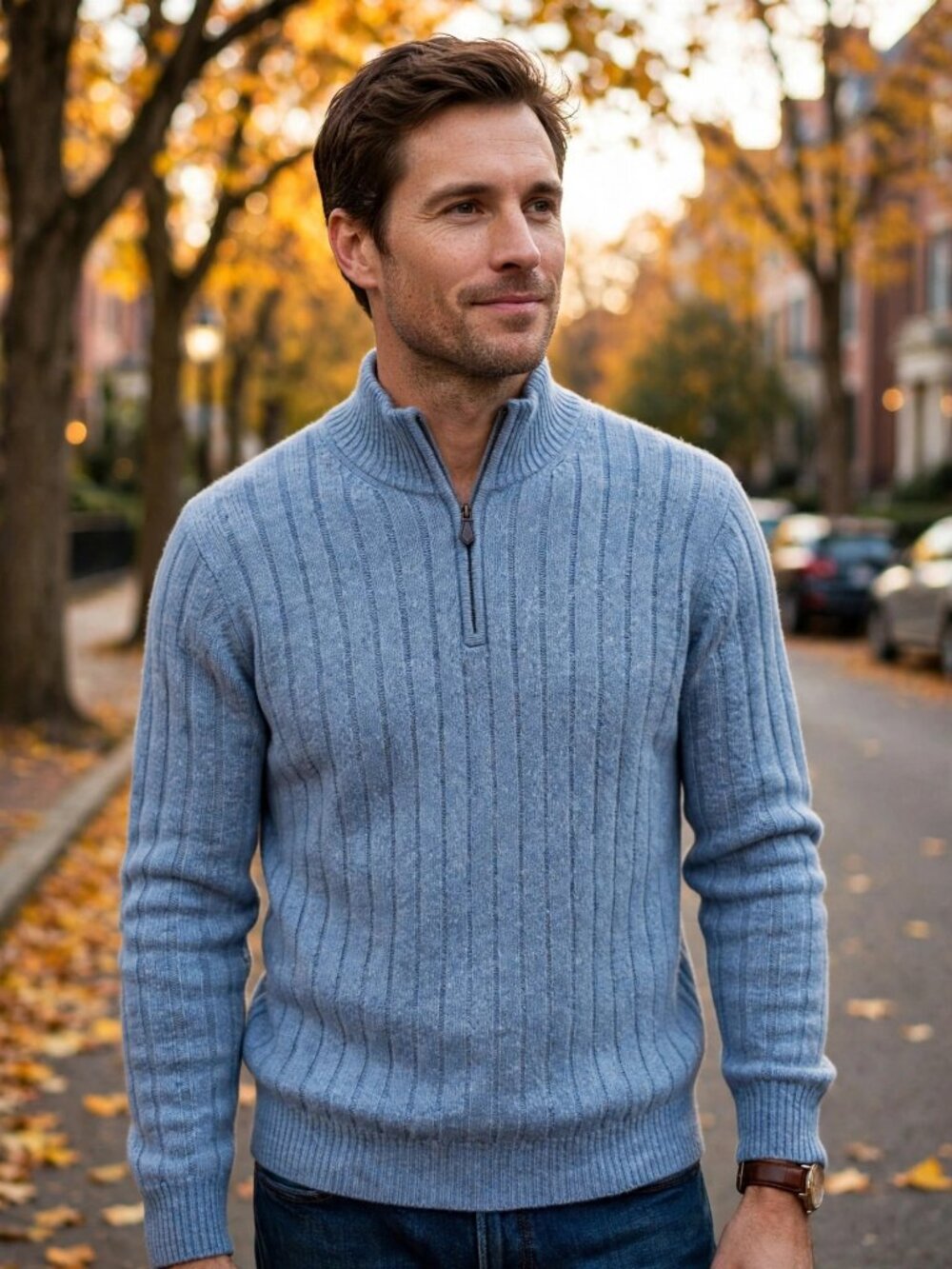 Brooks Brothers Men's Lambswool Quarter-Zip Sweater L Light Blue
